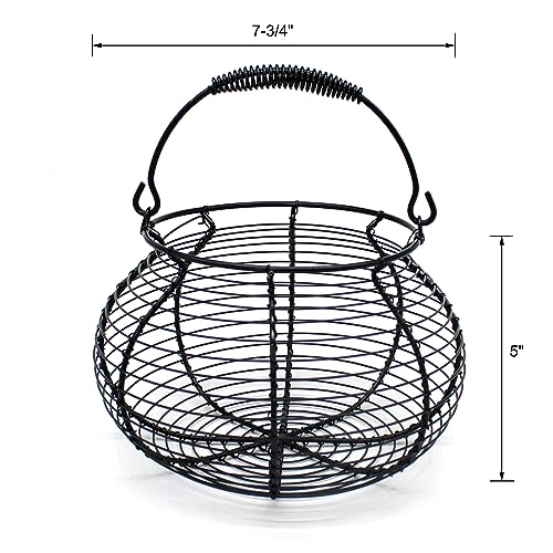 Elegant Wire Egg Basket with swimming Handle Primitives Vintage Gathering Basket. Black - size: 7-3/4" Dia. x 5" H - Black