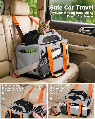Pecute Cat Carrier,Top Expandable Dog Crate for Travel, Grey | 5mm Anti-Collapse Steel Frame, Soft Mesh, Vet Visits, Foldable Travel Crate,Outdoor Hammock, Leakproof Pee Pad & Bowl - color: Grey