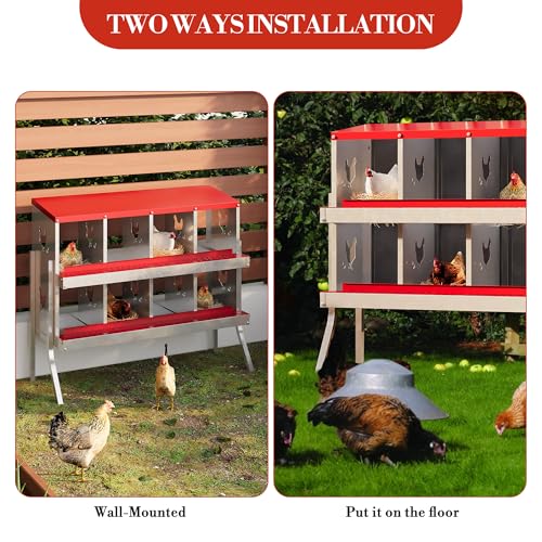 Galvanized Steel Chicken Nesting Box 8 Grids, Metal Egg Laying Boxes for Hens with Hinged Lid and Ventilated Design, Easy Clean Poultry Nest Box for Chicken Coop Accessories, Red, with Legs - color: Red, size: 8 Holes with Legs