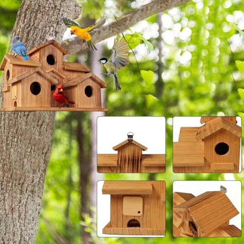 Bird Houses for Outside, 5 Hole Birdhouse Room for 5 Bird Families Bird House for Garden/Courtyard/Backyard Decor Finch Bluebird Cardinals Handmade Hummingbird House