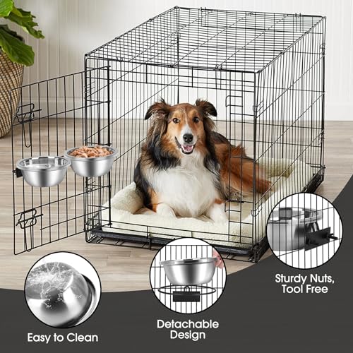 Crate Bowls for Large Dogs, ShineMe Heavy Duty Hanging Dog Bowls for Kennel Cage Crates, No Spill Stainless Steel Dog Crate Water Bowl or Large and Medium Dogs, 56oz, Set of 2 - color: Silver (56oz+56oz)