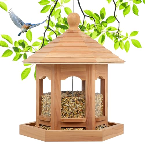 Wooden Bird Feeder for Outdoors Hanging, Red Cedar Hexagon Shaped Large Capacity, Cardinal Birdfeeder for Garden Decoration Yard, Weatherproof and Durable(Medium) - size: Medium