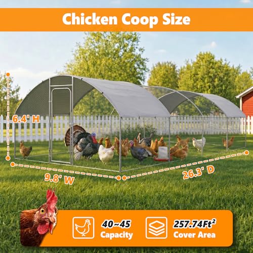 Metal Chicken Coop with Waterproof Curved Roof, 26.3×9.8×6.4ft | Thickened Steel Frame, Predator-Proof Wire, Weatherproof & UV Resistant Cover, Detailed Assembly Guide & Tool Kit - size: 315.6"L x 118.1"W x 76.8"H