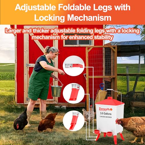 3.6 Gal Chicken Waterer with 4 Automatic Water Cups - 3 Height Adjustable | Anti-roost Cone and Locking Legs Design, Auto Fill Cups for Backyard Flock - style: Waterer with Cups