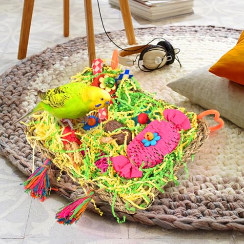 KATUMO Bird Toy, Large Size Grass Mat Foraging Shredding Hanging Toy | Natural Grass Mat, Easy to Hang, Relieve Boredom, Ideal for Cockatiel Conure Lovebird Parakeet Small and Medium Birds - style: Candy