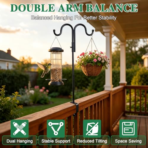 43" Shepherds Hook for Deck Railing, Double Arm Bird Feeder Holder, 2 Pack | Adjustable clamp, heavy duty steel, outdoor plant hanger, bird feeder pole, deck hook for railing, hanging plants & lanterns - color: Black - 2 Pcs