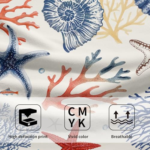 Nautical Coastal Hand Towels Set of 2, Beach Themed Ocean Seashell Coral Starfish Decorative Bathroom Towel 28x14 Inch, Soft Absorbent Microfiber Wash Cloth for Kitchen Gym Hotel Home Decor - color: Blue Orange Coastal