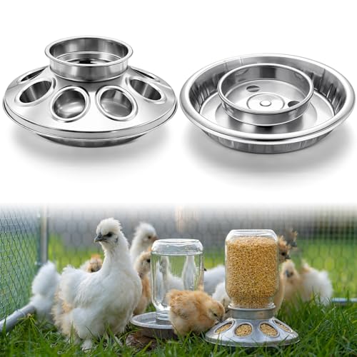 Potchen 2 Pcs Baby Chick Feeder and Waterer Base, Galvanized Steel Feeding Tray with 8 Holes, 1 Quart Compatible with Mason Jars & Standard Jars for Small Birds Chicks(Feeder and Waterer) - style: Feeder and Waterer