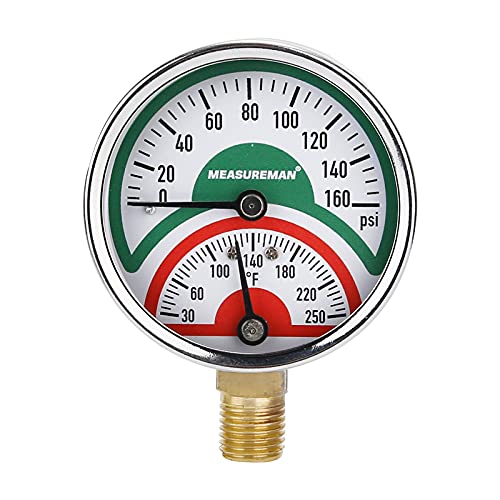 MEASUREMAN Tridicator, Thermo-Manometer, 2-1/2", 0-160psi/30-250 deg F, Black Iron Case, 1/4" NPT Lower Mount Pressure Gauge - size: Lower Mount-Dry