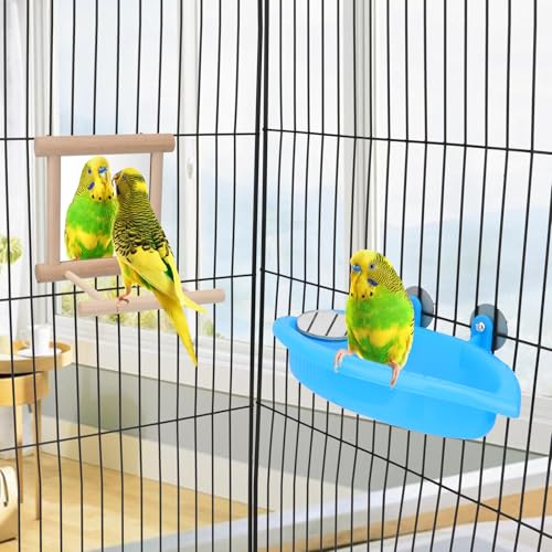 Wontee Bird Bath Parrot Bathing Tub Bird Mirror with Perch Toys for Budgies Parakeets Cockatiels Lovebirds Finches Canaries (Blue (B)) - color: Blue (B)
