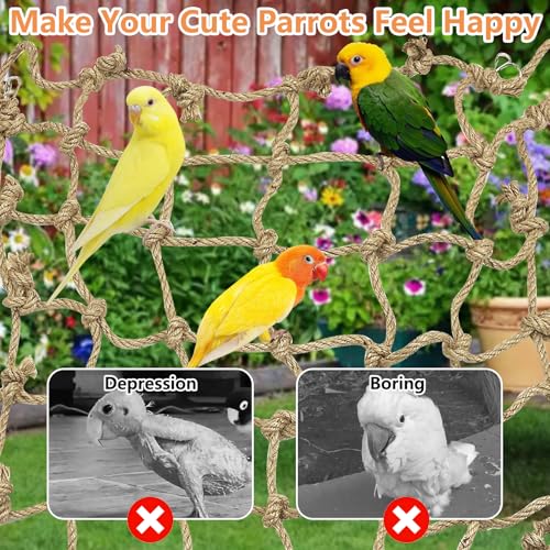 Tfwadmx Natural Bird Rope Net, Large Size - 24''X24'' Parrot Swing Hammock, Bird Climbing Ladder Hanging Cage Perch Chew Toys for Budgies Macaw Conure Finch Cockatoo Budgie African Grey Parakeet