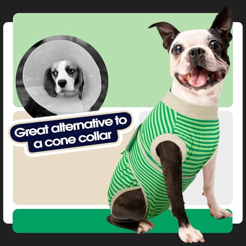 Dog Recovery Suit Male,Dogs Surgery Neuter Suits Puppy Spay Shirts for Female Protect Dog's Skin Anti Licking Abdominal Wounds Doggie Onesie Pet Bodysuit Alternative to Cone Green Stripes XS - color: Green Stripes, size: Xs(back:8.3-11.4in,wt:4-7lbs)