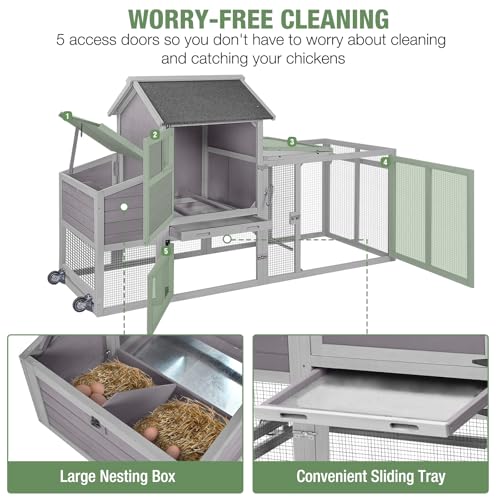 Mobile Chicken Coop with Wheels for 4-6 Chickens, Large Outdoor Hen House with Run, Weatherproof Asphalt Roof, Sectionable Nesting Box, Pull-Out Tray, 78" L x 27.6" W x 45" H - Grey - size: 78.0"L x 27.6"W x 45.0"H