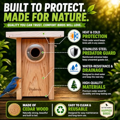 Premium Cedar Bluebird House for Outside - Wooden Bird Box with White Painted Roof & Noel Guard Predator Protection - Durable Birdhouses for Outdoors & Blue Bird Nesting