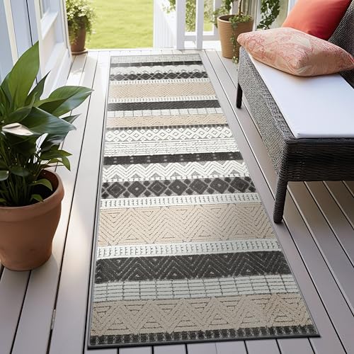 Rugshop Marbella Indoor/Outdoor Boho Deck Runner Rug Gray 2'7" x 6' | Runner, Size 2'7" x 6', Patio, Porch, Balcony, Backyard, Garden, Poolside, Sunroom, Outdoor Living, Weatherproof, All Weather - color: Grey, size: 2'7" x 6' (Rectangular)