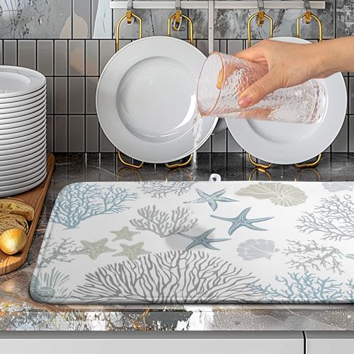 Coastal Dish Drying Mats for Kitchen Counter 18 x 24 Inch Summer Beach Drying Mat Coral Starfish Nautical Dish Rack Mat Ocean Themed Microfiber Absorbent Dish Drying Pad with Hanging Loop - color: Coastal Dish Drying Mats-A3-1, size: 18" x 24"