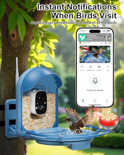 Bird Feeder with Camera, AI Recognition, Bird Bath, Solar Powered | Capture stunning 2K video, enjoy solar charging, bird bath design, night vision, smart app alerts and motion detection. - color: Blue, size: With BirdBath
