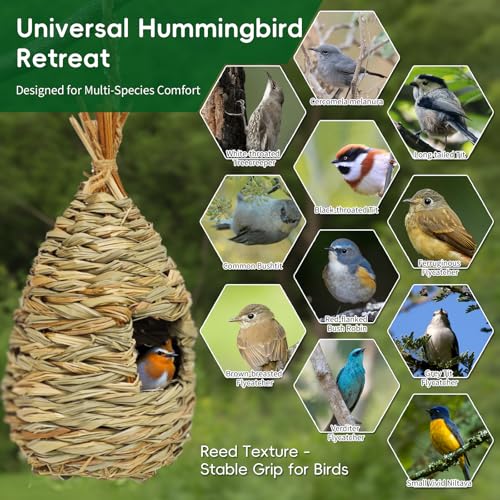GUTE Hummingbird Houses 2Pcs Hand Woven Grass Hanging Bird Nest | Natural Hibiscus Grass,Hand-Knitted,Sturdy Shelter,Ventilated Cozy Design,Blends in Trees,Easy to Hang,Garden,Window. - color: Water Drop Shape, size: 2Pack