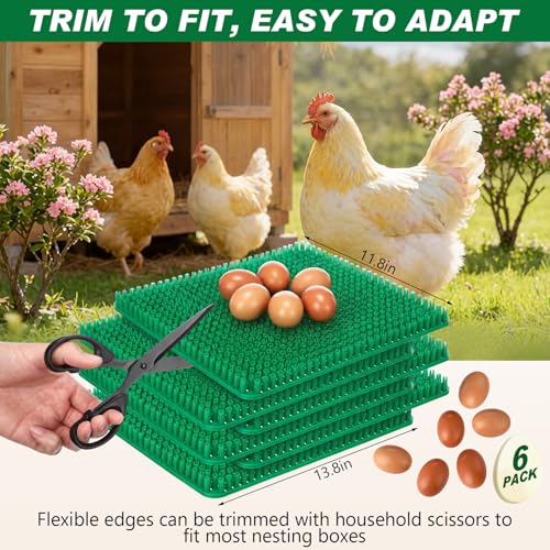 Green 6 Pack Chicken Nesting Box Pads with 6 Pcs Fake Wooden Eggs Washable Artificial Grass Nesting Pads Reusable Plastic Bedding Laying Mats for Chicken Coop, 12" x 12" - color: Green