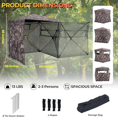 Portable Hunting Blind 360° Degree See Through with Carrying Bag, 2-3 Person Pop Up Ground Blinds with Silent Zipper Door & Sliding Windows, Resilience Tent for Deer & Turkey Hunting - color: Dark Woodland Camouflage
