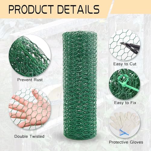 Chicken Wire 15.7in x 118in Floral Chicken Wire Mesh 0.8in | with a Pair of Gloves，1 Wire Cutter，50 Pcs Cable Zip Ties,PVC Coated Garden Netting Fence for Craft Poultry Garden - size: 15.7in x 118in