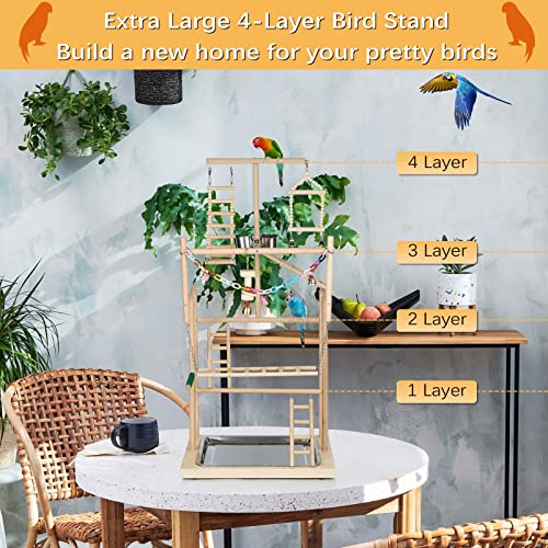 4 Layers Wood Pet Parrot Playstand | Bird Playground, Perch Gym Playpen, Ladder with Feeder Cups Bells, For Cockatiel Parakeet