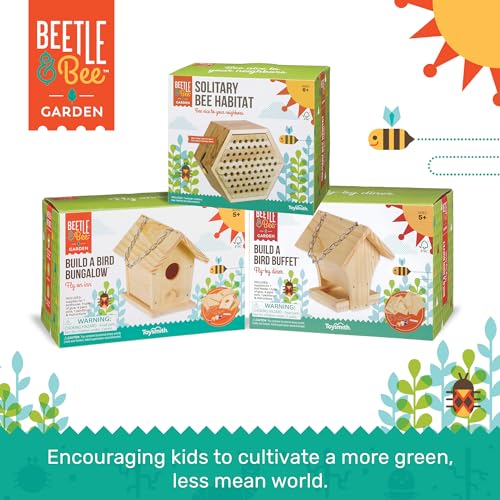 Beetle & Bee Build A Bird Bungalow - DIY Kid Art Craft Outdoor Birdhouse Kit, House Painting Kit for Kids, Hardware Glue Included- 4 Paints, 1 Brush, 7 Wooden Pcs, Chain For Tree Hanging Age 5+ | Includes Paints, Brush, Glue, Nails, Chain, Instructions; K