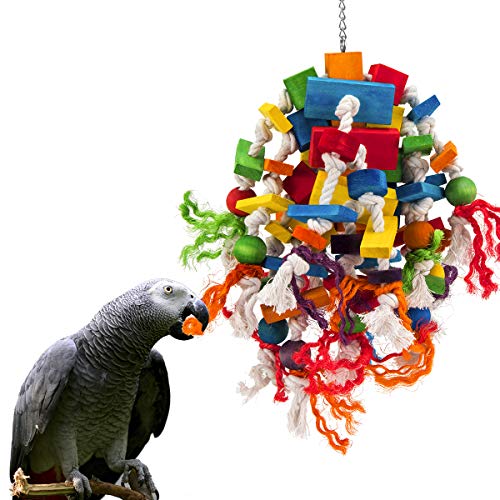 Large Parrot Toy, Multicolored Natural Wood Blocks Tearing Toys for Birds | MEWTOGO, for African Grey, Macaw, Amazon Parrots, Fun to Climb on, to Swing on, to Chew on, to Unravel, to Preen, Bird Gifts - style: Elliptical