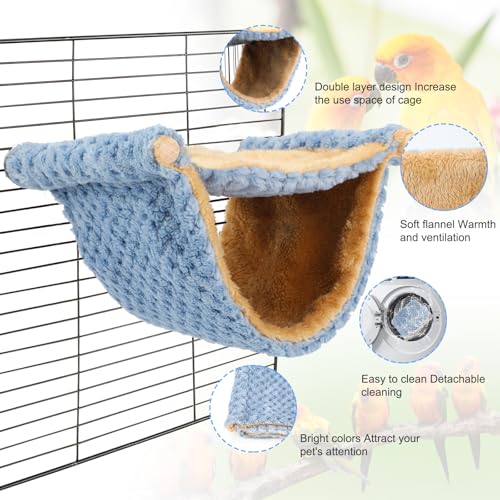 BWOGUE Bird Nest Bed Hanging Hammock, Parakeet Bed for Cage, Cockatiel Bed | Warm Fleece Snuggle Hut, Double-Layer Comfort, Wooden Perch Setup, Washable Hammock - color: Blue, size: Medium (9"x7.2")