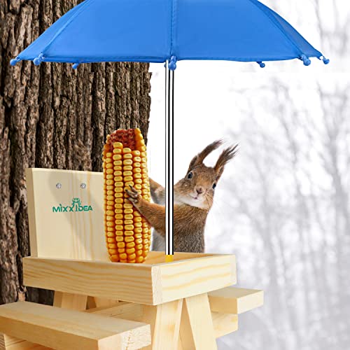 Squirrel Feeder Table with Umbrella, Wooden Squirrel Picnic Table Feeder, Sturdy Squirrel Feeder Corn Cob Holder, with Solid Structure and 2 x Thick Benches(Blue) - color: Blue