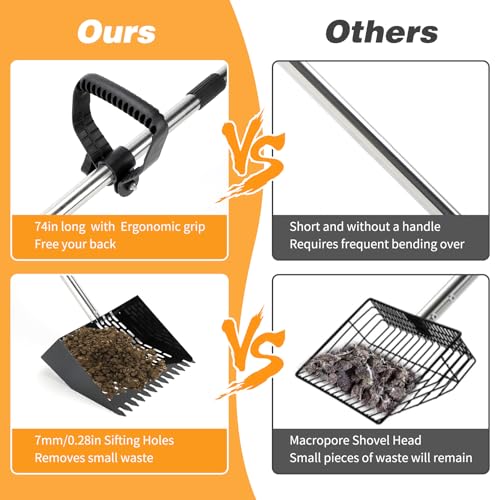 Rypet Chicken Poop Scooper & Rake 2-in-1, 36-74 in Stainless Steel Handle | 10-Inch Sifting Scoop, Sifting Holes with Side Rims, Long Handle Helps Reduce Bending, Rinses Clean, Wall Clip Storage