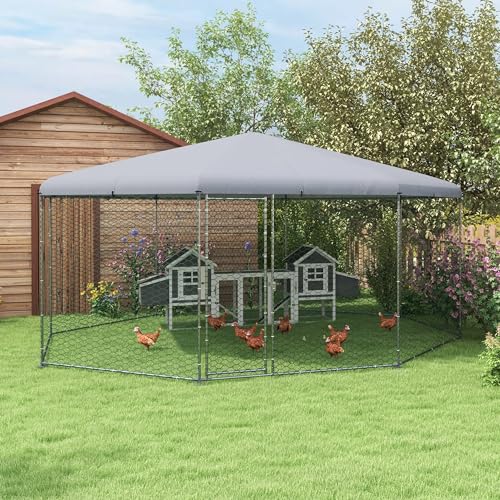 PawHut Large Chicken Coop Polygon Shaped Walk in Fence Cage 17.1'x15.7'x9' | Metal Chicken Run with Waterproof and Anti-UV Cover, Hen House for Outdoor and Yard Farm Use, 1" Dia