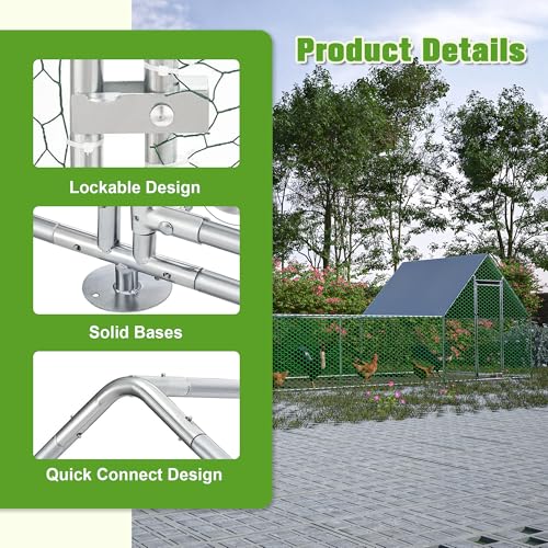 26'L x 6.7'W x Outdoor Chicken coop 6.6'H Large Metal Chicken Coop, Walk-in Poultry Pen, Galvanized Wire Hen Cage with Metal Chicken coop Weather- Cover for Outdoor Use, Spacious