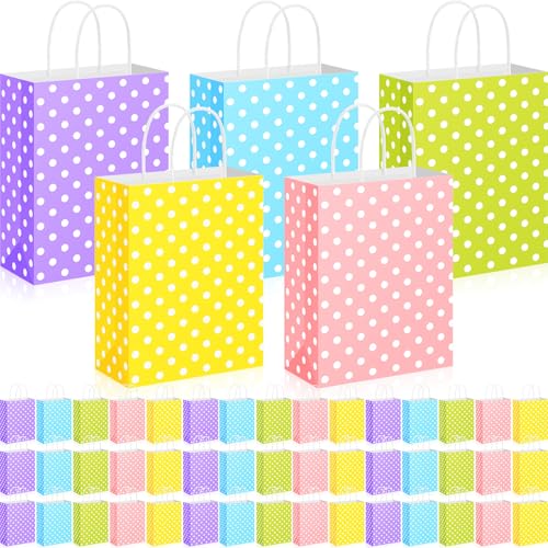 Yeaqee 50 Pieces Pastel Paper Bags with Handle Easter Gift Bags Bulk Polka Dot Candy Goodies for Easter Party Favor Supplies
