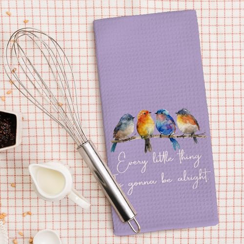 Every Little Thing is Gonna Be Alright Kitchen Towels 16x24 Inch, Sparrow Bird Gifts for Bird Lovers Women, Inspirational Quotes Tea Hand Towels(Purple) - color: Purple
