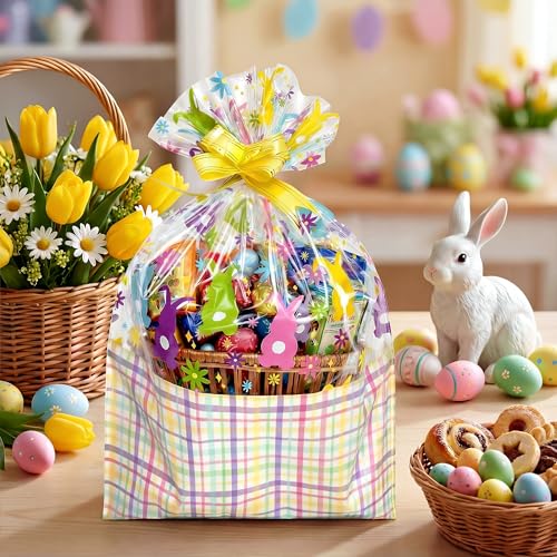ASOEMERZ 10 Pcs Easter Basket Bags, 18"x24" Cellophane Bags for Gift Baskets with 10 Pieces Pull Bows for Small Gift Baskets, Presents, Treats, Easter Day, Party Supplies