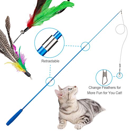 JIARON Cat Toys Interactive Feather Toy, 2PCS Retractable Wand and 10PCS Replacement Teaser with Bell Refills, Interactive Catcher and Funny Exercise for Kitten.