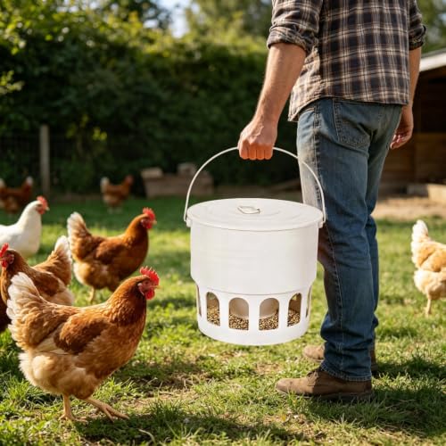 30lbs Metal Chicken Feeder with Legs, 12-Port No Waste Poultry Feeder, Powder Coated Rust-Proof, Ideal for Chickens Ducks Geese Backyard Farm (Jade White) - color: Jade White