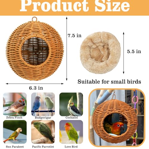 Steel Frame Bird Nest for Cage, Washable Small Bird Bed Chewproof with Plush Pad, Hammock Hideout Lay Eggs Parakeet Nest Sleep, Parakeet Warm Bed House Hut for Lovebird, Canary, Budgie, Finch