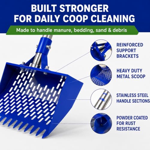 Chicken Poop Scooper with 74" Adjustable Handle – Heavy Duty Metal Chicken Coop Cleaner, 10.2" Wide Sifting Scoop with Built-in Rake & Hook for Sand, Pine Shavings & Manure