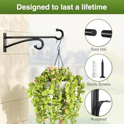 12" Plant Hanger Hook Outdoor Indoor – Planter Hooks for Hanging Plants, Plant Wall Hooks, Brackets for Hanging Plants, Baskets, Wind Chimes, Bird Feeders, Lanterns, Bird Houses (Black, Metal, 2-Pack) - color: Black, size: 12 Inch