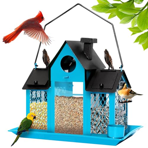 Solar Bird Feeders for Outdoors Hanging, Bird Houses for Outside | Blue,Wild Metal Bird Feeder,7LBS Large Capacity with Water Cup,Squirrel Proof Cardinal Bird feeder,Gift for Bird Lovers - color: Blue