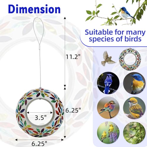 VOREEN Mosaic Glass Bird Feeder, Handcrafted Hanging Fly-Through Feeder for Outdoor Garden & Backyard, Decorative Wild Bird Feeder with Steel Wire Cable, Mosaic Colorful Flowers - color: Multicolor