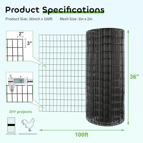Welded Wire Fencing 36 Inch x 100 Foot, 2 Inch x 3 Inch 16GA Black Hardware Cloth PVC Coated Garden Border Fencing Roll Vinyl Coating Metal Wire Mesh for Yard Vegetable Goat Protection Poultry Netting - color: Black, size: 36"×100'