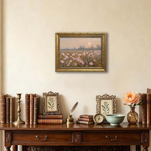 DR.RiftArt Vintage Flower Pink Landscape Wall Art Floral Wall Decor | Pastel Wildflower Rustic Farmhouse Canvas Picture Painting Print for Bedroom Living Room Office 12x16 inch Gold Framed - color: Pink Wildflower, size: 16"L x 12"W