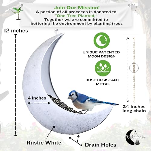 Hanging Moon Bird Feeder – Unique Metal Bird Feeders for Outdoors, Rustic White, Rust-Resistant, Wild Bird Feeder for Bluebirds, Cardinals, Finches, and Backyard Birdwatching - color: Rustic White