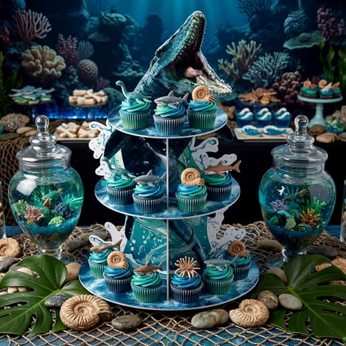 3 Tier Dinosaur Party Decorations Mosasaurus Dinosaur Cupcake Stand Decoration Mosasaurus Theme Cupcake Tower Cake Holder Table Display for Jungle Ocean Themed Birthday Party Supplies - style: Mosasaurus