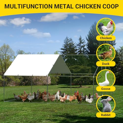 Takywep Walk-in Metal Chicken Coop, 9.8×13.1×6.6FT Galvanized Poultry Cage with Spire Roof, Waterproof UV Cover & Dual Doors, Heavy Duty Large Hen House for Backyard Farm, Suitable for Duck Quail - size: 9.8' x 13.1' x 6.6'
