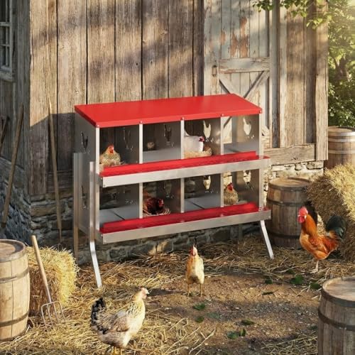 GarveeLife 8 Compartment Chicken Nesting Box with Metal Legs, Nesting Boxes for Chickens, Metal Chicken Laying Boxes with Perch, Secure Lid, Versatile Wall Mount or Free Standing for Hens, Red - color: red, size: 8 grids with legs