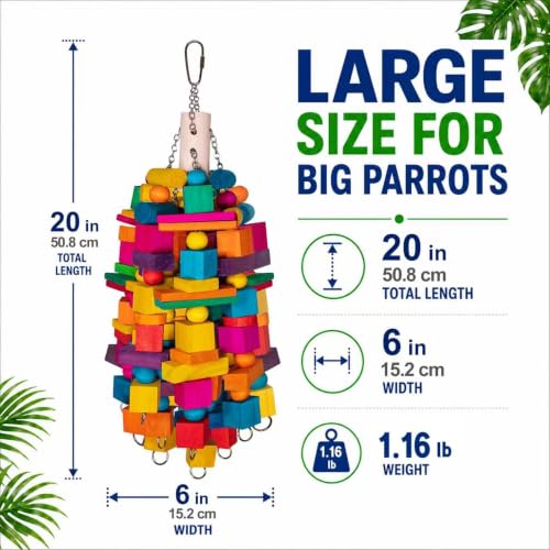 20"Large Bird Toys Natural Wooden Foraging Toys for Medium& Large Birds | 20” X-Large Bird Toys, Natural Wooden Material,Stainless Steel Chain,Bird-safe carabiner,Colorful Chew Toys,for Large Birds